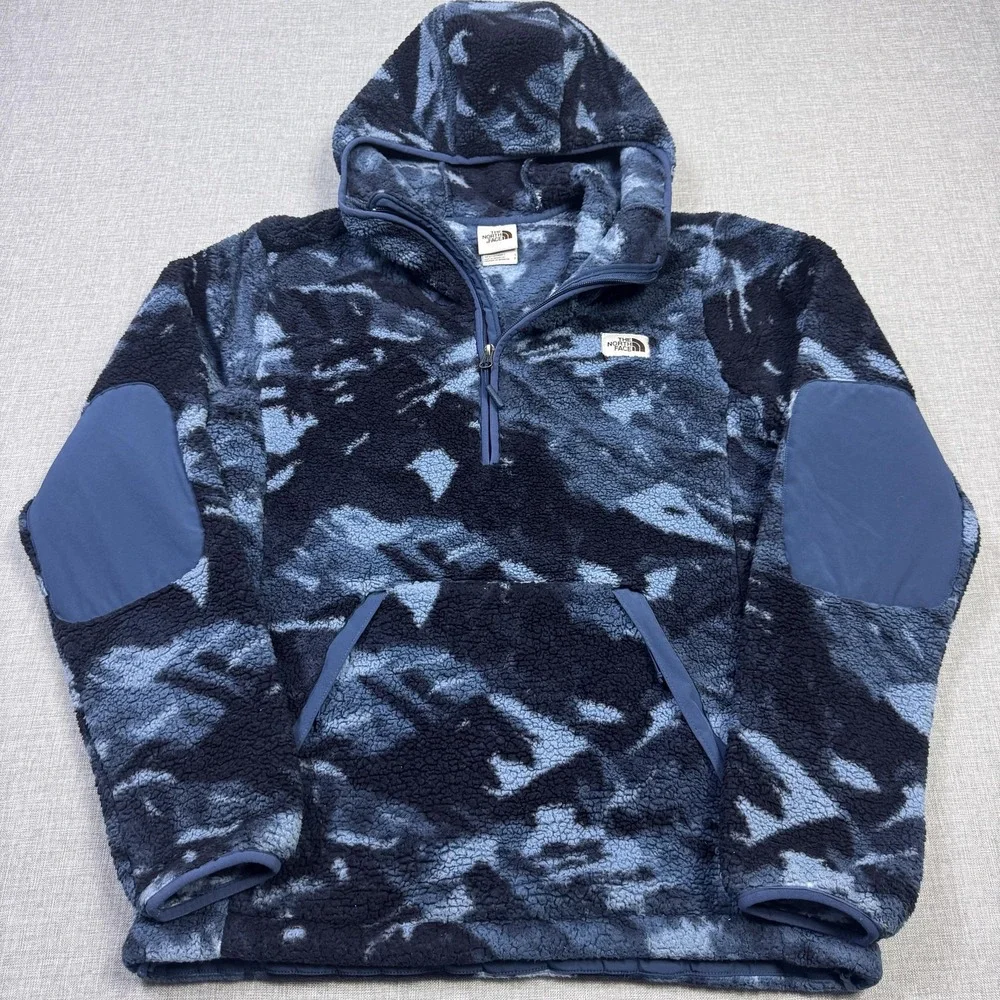 The North Face Hoodie Mens Small Blue Camouflage Pullover 1/4 Zip Hooded Pockets